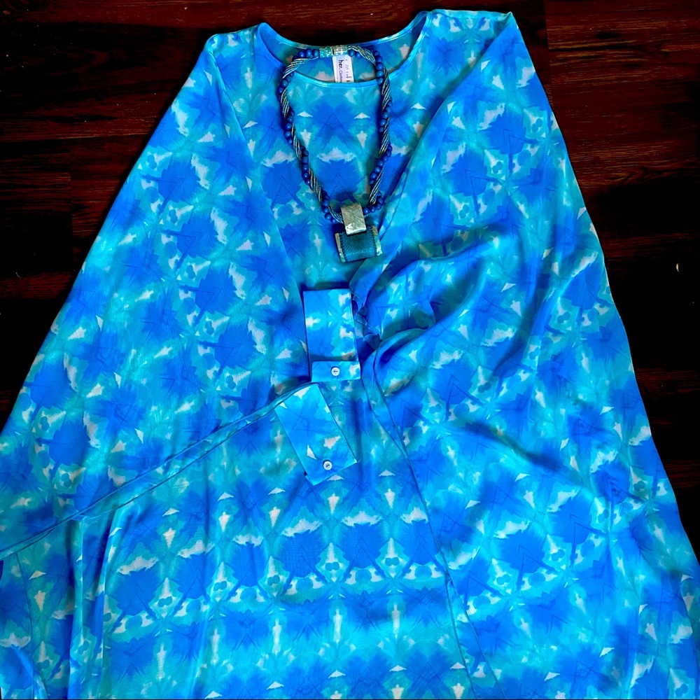 NWOT- Teal Blue White Semi-sheer Kaftan Swimsuit Cover-up OS